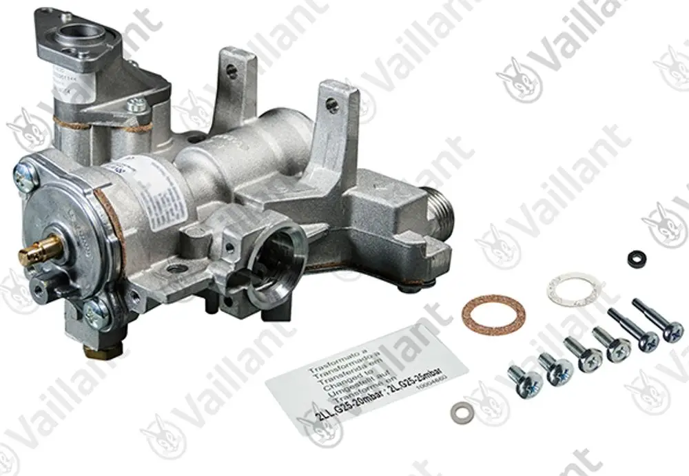 Vaillant Gasarmatur aus Metall mit verschiedenen Anschlüssen, Schrauben und Dichtungen, dargestellt auf hellem Hintergrund.